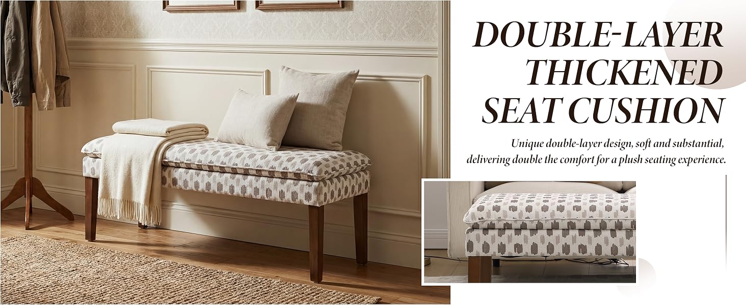 Text reads 'DOUBLE-LAYER THICKENED SEAT CUSHION'. Product photo shows a beige upholstered bench or ottoman with patterned cushioning in a neutral home setting.