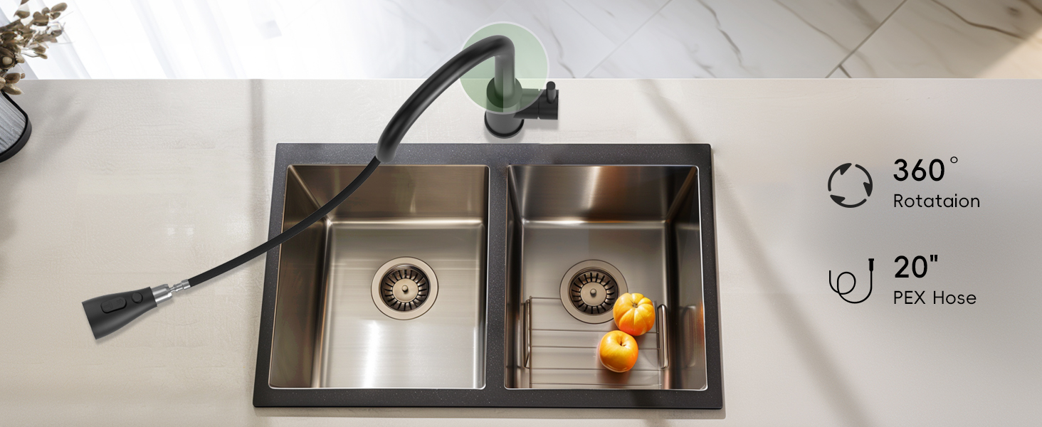Double-basin stainless steel kitchen sink with black faucet, featuring 360-degree rotation and 20-inch specifications icons.