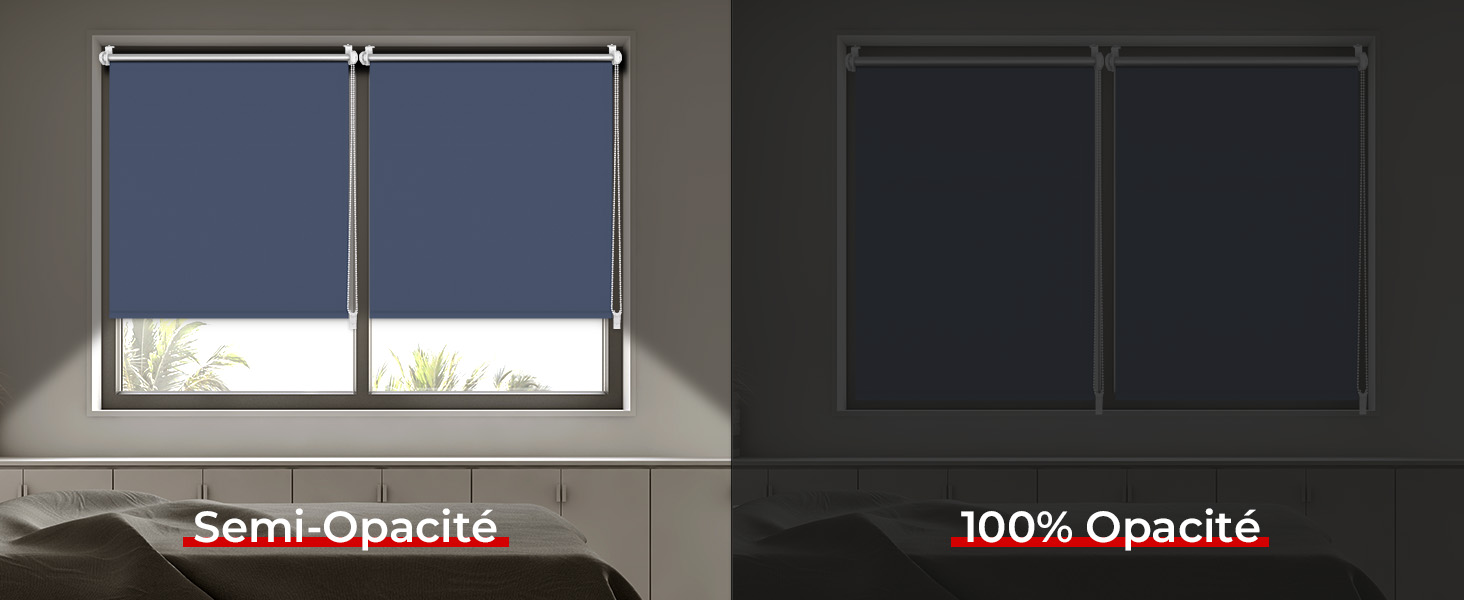Le texte indique « Semi-Opacité » et « 100 % Opacité ». Comparaison de traitements de fenêtres présentant différents niveaux de filtrage de la lumière.