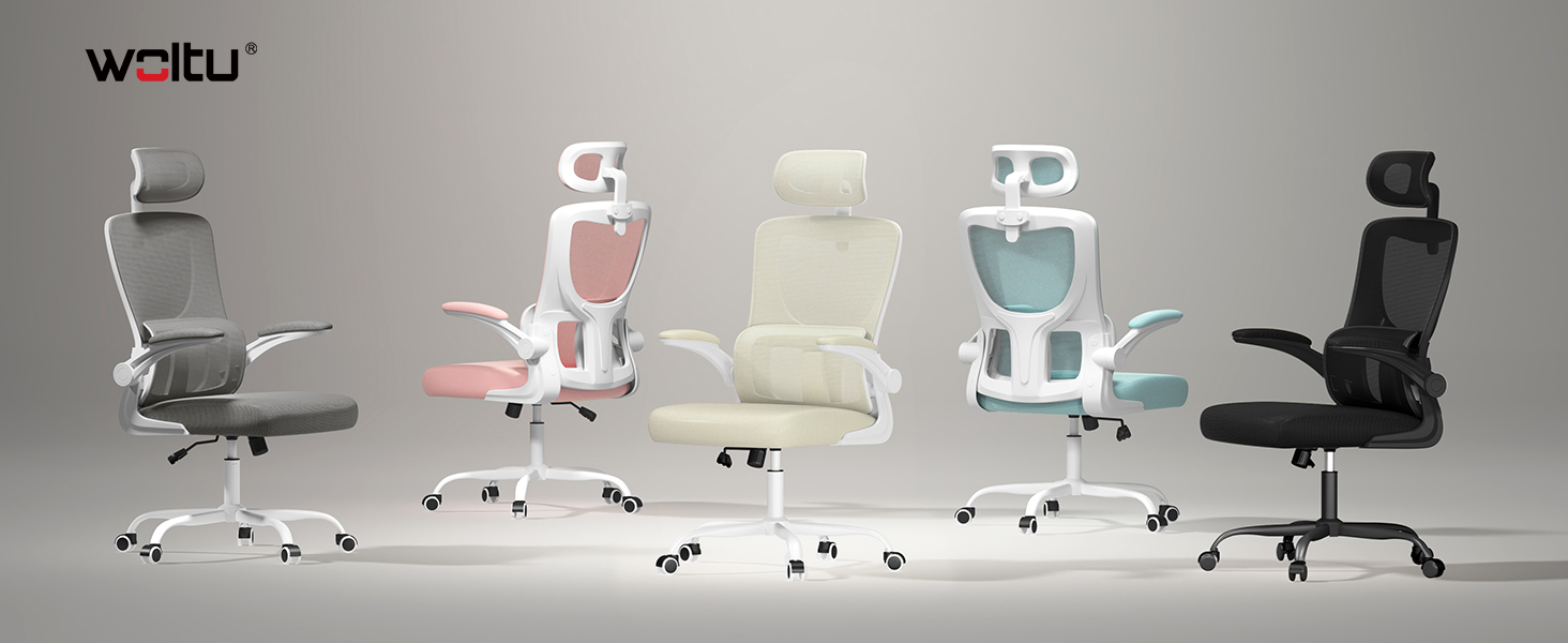 Cinco sillas de oficina ergonómicas en varios colores: negro, verde azulado, beige, rosa y blanco. Cada silla cuenta con reposacabezas ajustables, reposabrazos y soporte lumbar sobre
