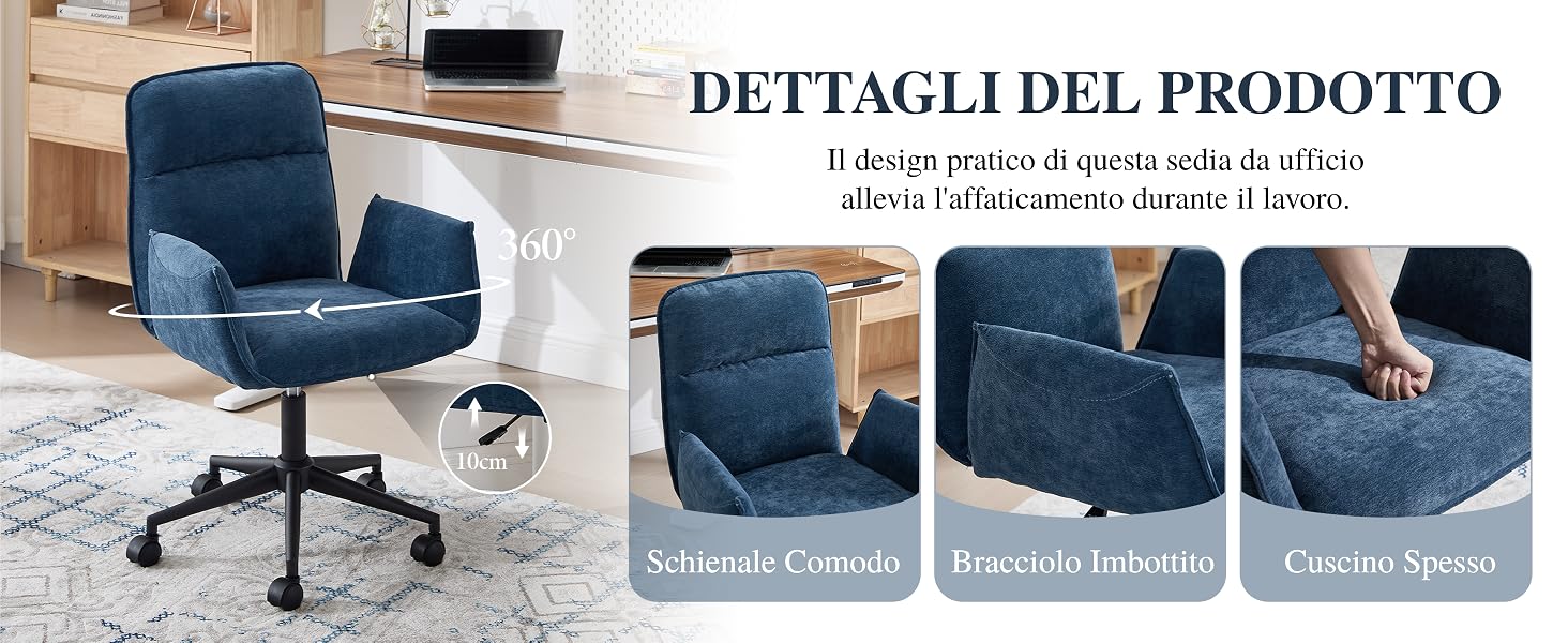 Il testo recita 'DETTAGLI DEL PRODOTTO'. Visualizzazioni multiple del prodotto di una sedia da ufficio imbottita blu con rotazione a 360 gradi, funzione reclinabile e funzioni di regolazione.