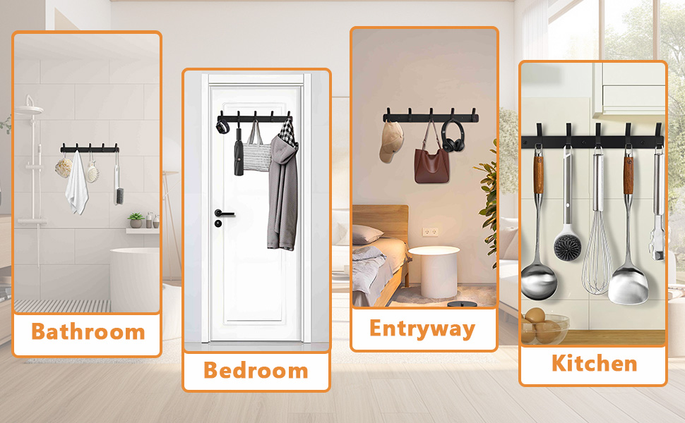 Imagen de cuatro paneles que muestra ganchos de pared en diferentes ambientes: baño, dormitorio, entrada y cocina. Los ganchos pueden sostener diversos artículos del hogar.