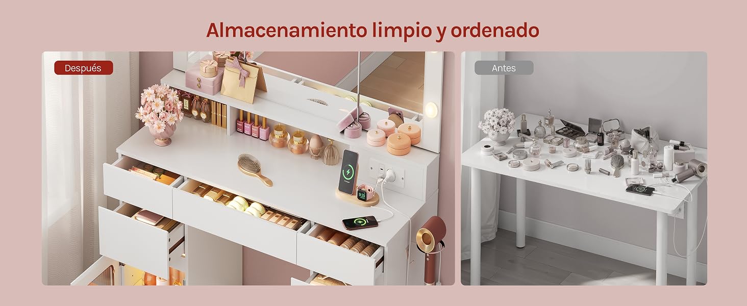 El texto dice «Almacenamiento limpio y ordenado» que muestra soluciones de almacenamiento organizado. Se muestran dos configuraciones de gabinetes de almacenamiento con compartimentos para organizar los artículos y suministros del hogar.