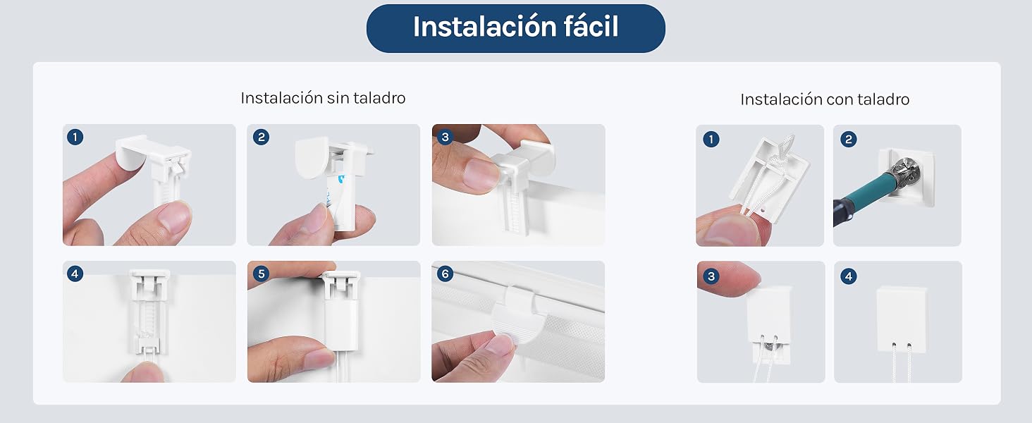 El texto dice «Instalación fácil». Secuencia de instrucciones de instalación paso a paso que muestra nueve pasos numerados con demostraciones manuales del proceso de montaje. Guía visual para una fácil configuración del producto.