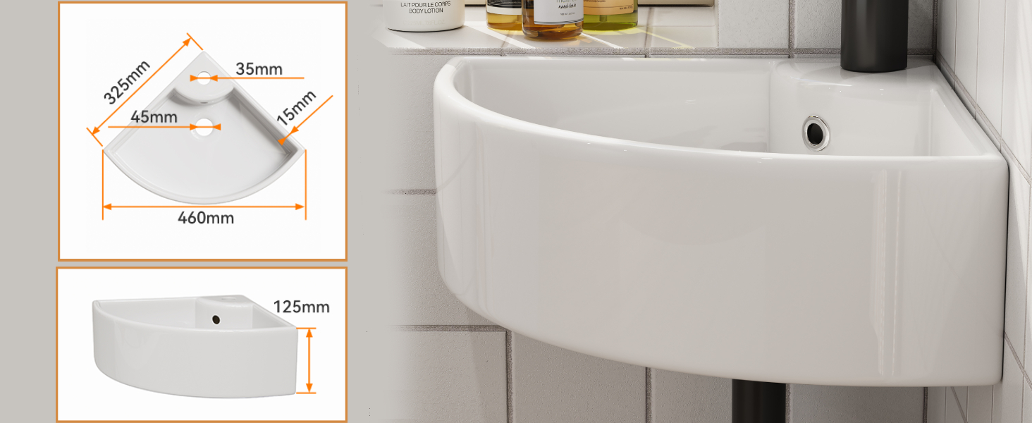 Technical drawing of a corner bathroom sink with measurements. Shows top and side views, indicating dimensions in millimeters for width, depth, and height.