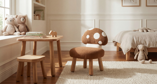 Bilderserie, die braune Fußhocker aus Plüsch oder dekorative Möbelstücke mit tierähnlichem Design in einer häuslichen Umgebung mit Holzböden zeigt.
