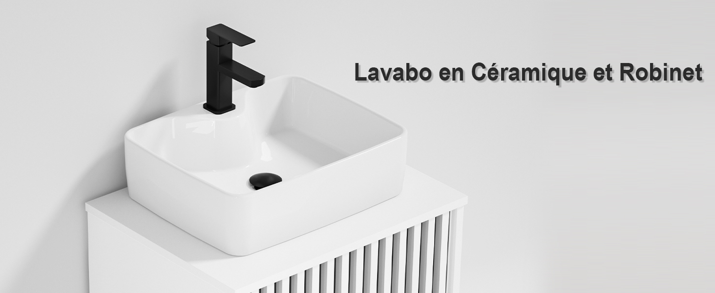 Le texte se lit comme suit : « Lavabo en céramique et robinet ». Robinet et lavabo de salle de bain modernes en céramique blanche présentés sous plusieurs angles.