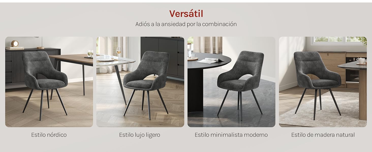 El texto dice «versátil» en la parte superior. Cuatro sillas de comedor modernas colocadas en diferentes ángulos, con asientos tapizados en color oscuro con patas de metal en varios acabados, que muestran las variaciones de diseño de las sillas y las opciones de estilo.