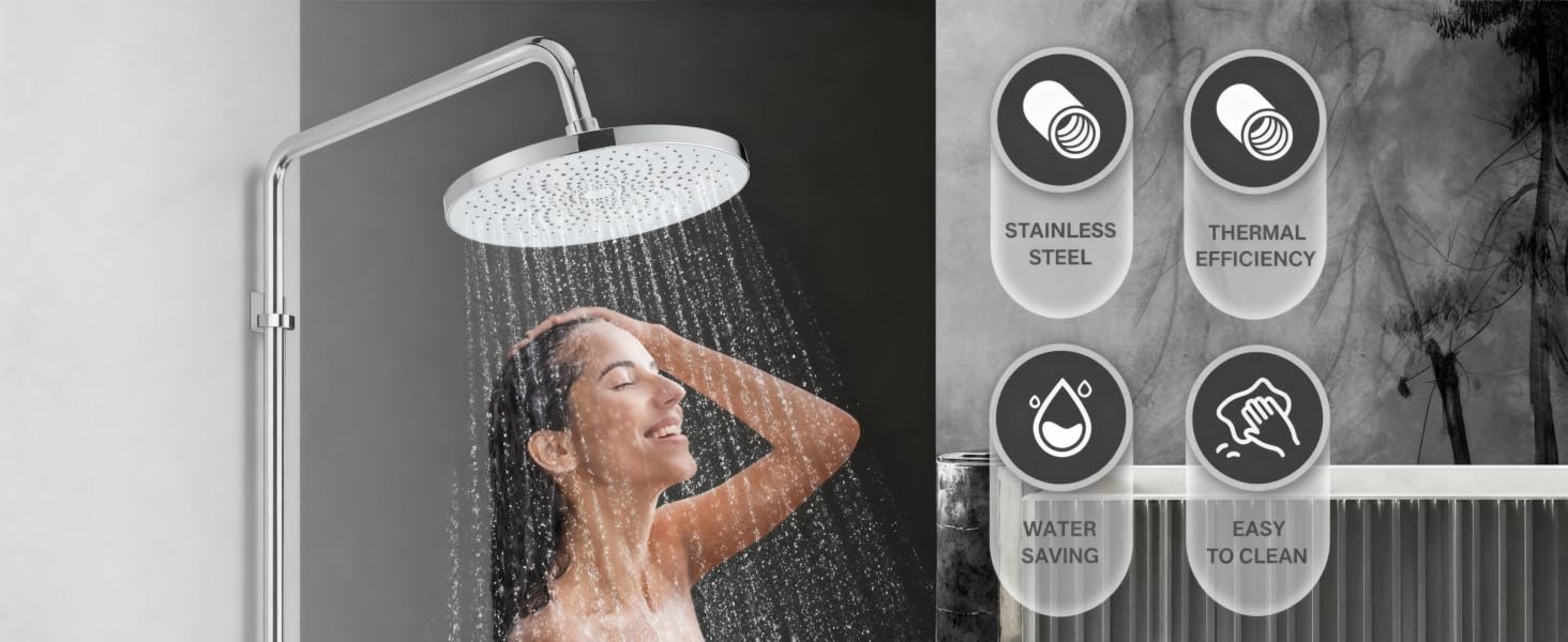 Démonstration du pommeau de douche et du débit d'eau avec quatre icônes circulaires illustrant les caractéristiques et les avantages du produit sur le panneau latéral droit.