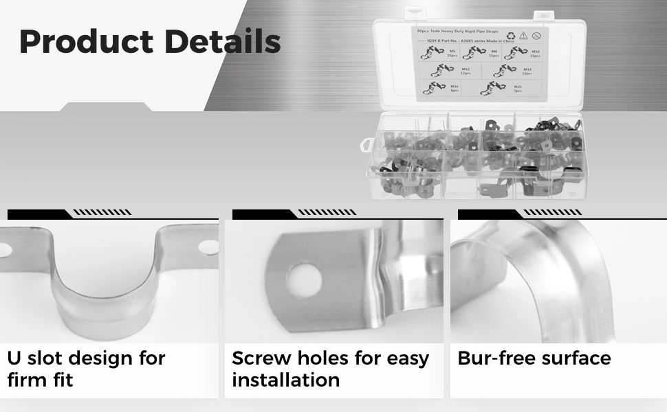 Text reads 'Product Details'. Technical installation diagrams showing U-box design, screw holes, and surface mounting instructions for camera installation.