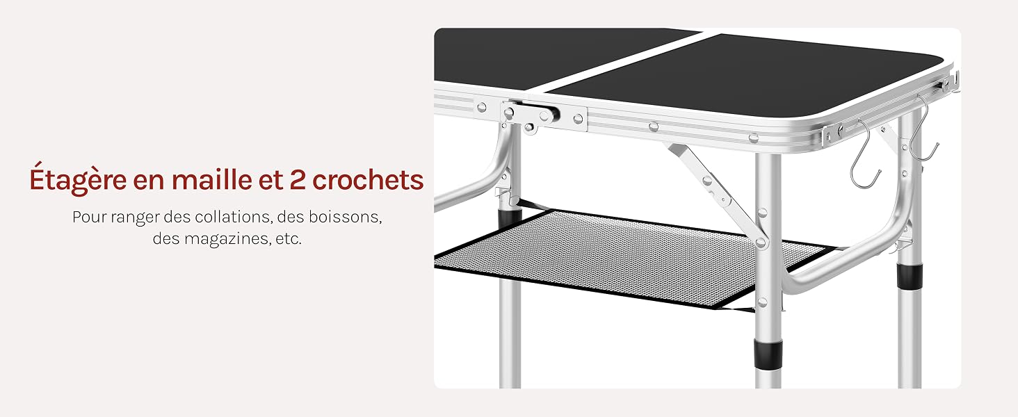 Le texte indique « Élégant en métal et 2 crochets ». Image du produit montrant une étagère ou un support en métal avec deux crochets.