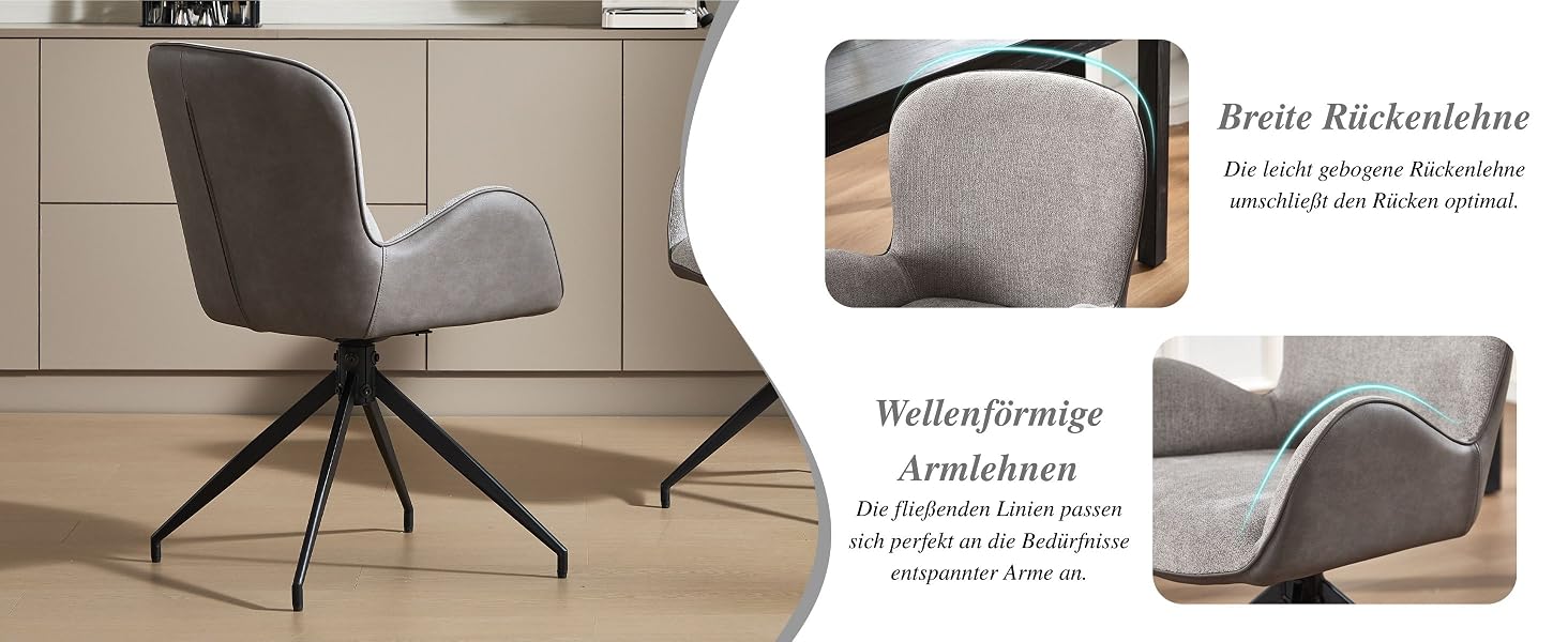 Moderner grauer gepolsterter Bürostuhl mit drehbarem Fuß, aus mehreren Blickwinkeln auf beigem Boden dargestellt. Deutscher Text sichtbar, aber teilweise verdeckt.