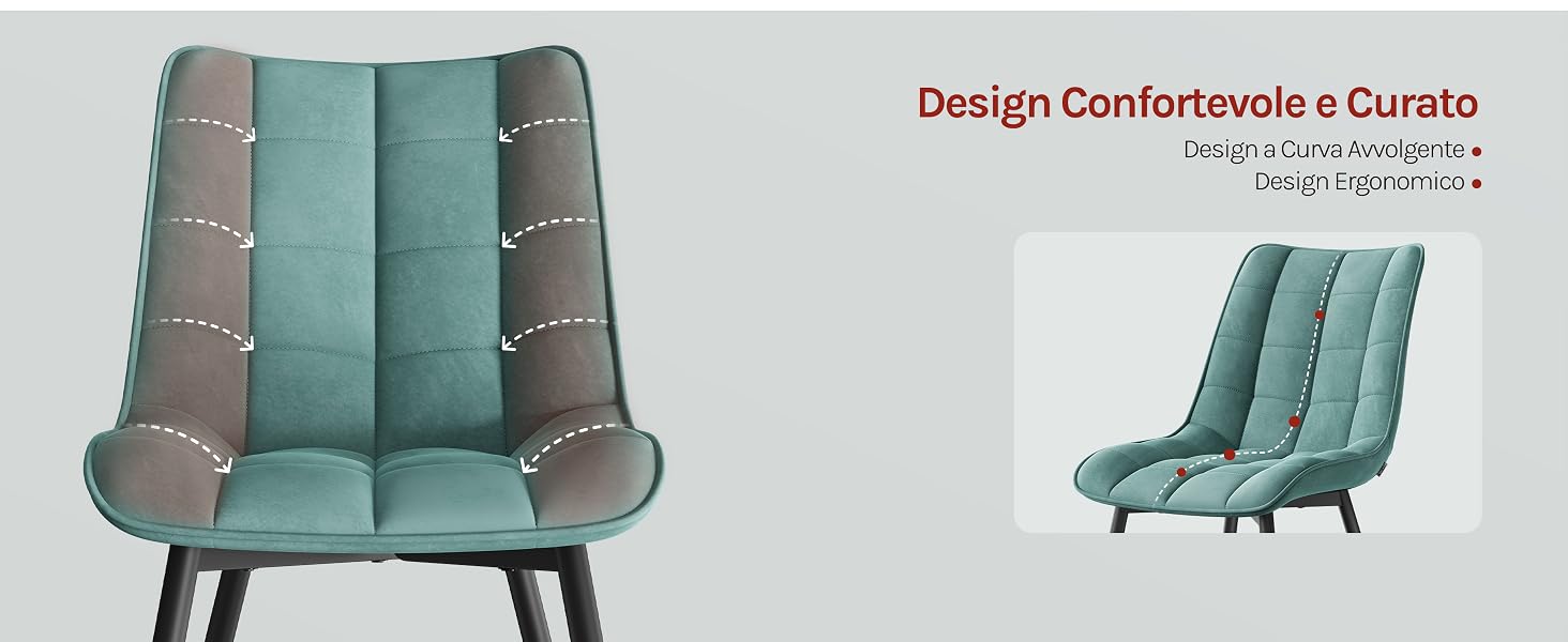 Il testo recita «Design Comfortable & Durable». Mostra diverse viste di una sedia imbottita color verde acqua con schienale e braccioli curvi.