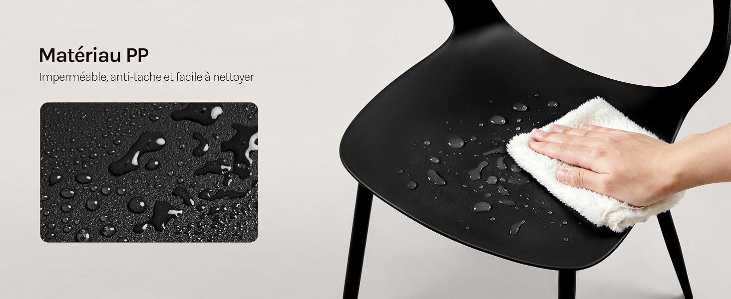 Le texte indique « Matériau : PP » et « Imperméable, texture douce, respirante ». Un échantillon de tissu noir moucheté est affiché ; le bord du tissu texturé noir se tient à la main et témoigne de sa douceur et de sa flexibilité.