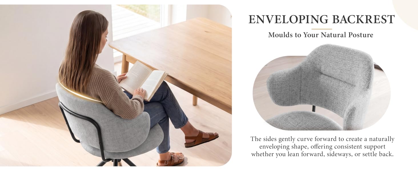 Text reads "ENVELOPING BACKREST" and "VivoBe is Your 'Natural Posture'". Split image showing woman seated in office chair and gray upholstered backrest cushion with enveloping design for ergonomic support.