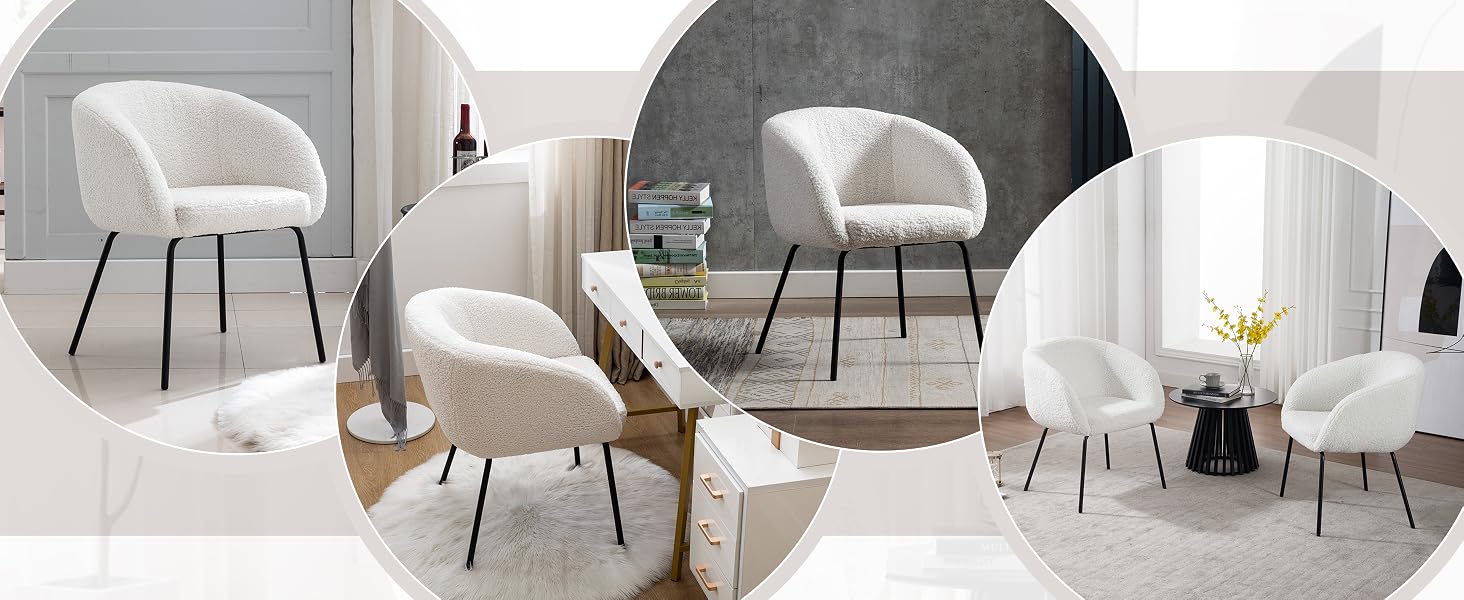 avec dossier incurvé et pieds en métal. Présenté dans différents décors de pièces avec un décor minimaliste.