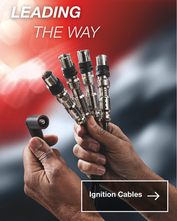Text reads 'LEADING THE WAY'. Series of promotional images showing automotive ignition cables with text overlay and directional arrow indicator.