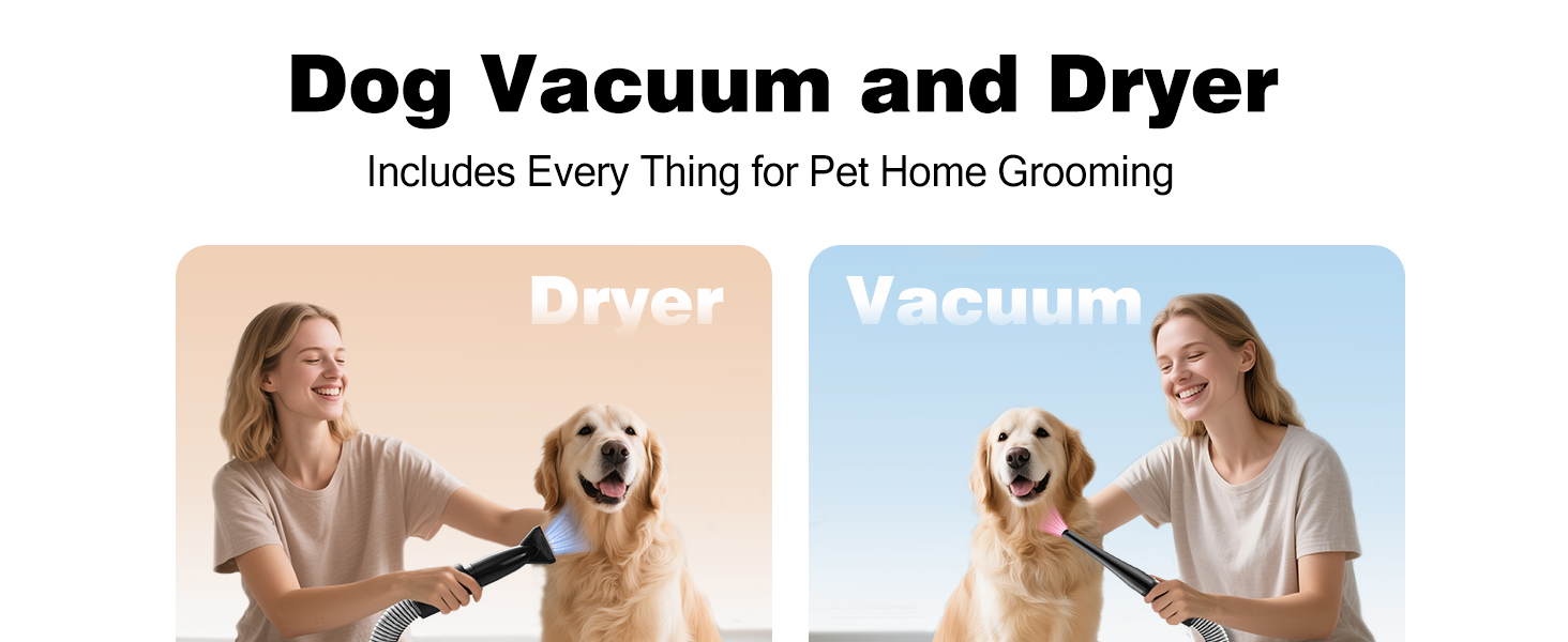 Le texte indique « Aspirateur et sèche-linge pour chiens » et « Comprend tout ce dont vous avez besoin pour le toilettage des animaux domestiques ». Démonstration de produit montrant un outil de toilettage pour animaux de compagnie utilisé sur les chiens.