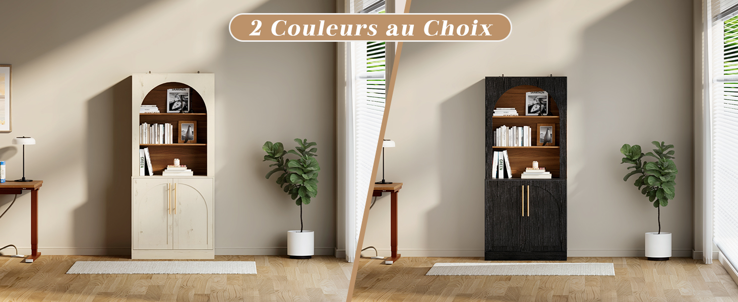 Le texte indique « 2 Couleurs au Choix ». Panorama de design d'intérieur montrant de multiples vues d'une pièce minimaliste avec du parquet, des étagères et des plantes en pot.
