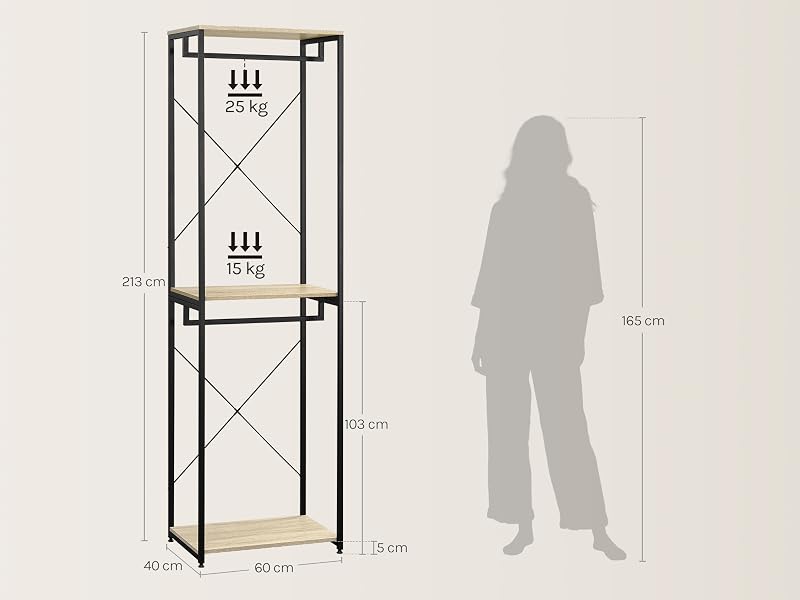 Diagramma tecnico che mostra le istruzioni di montaggio dei mobili in confezione piatta con figura umana per riferimento della scala. Visualizzazioni multiple della struttura di un semplice armadio o scaffale.