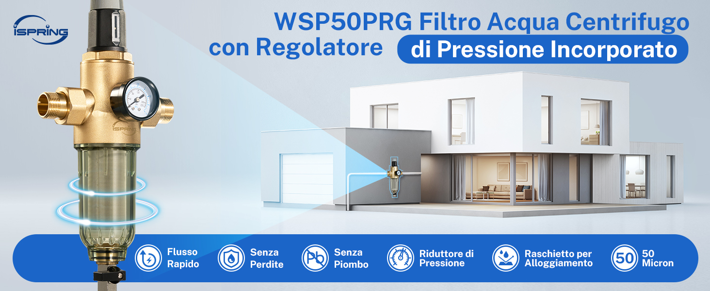 Sistema di filtraggio dell'acqua con regolatore di pressione. Le caratteristiche includono pressione regolabile, riduzione del rumore e pulizia automatica. Progettato per la filtrazione di tutta la casa, con una capacità del filtro di 50 micron