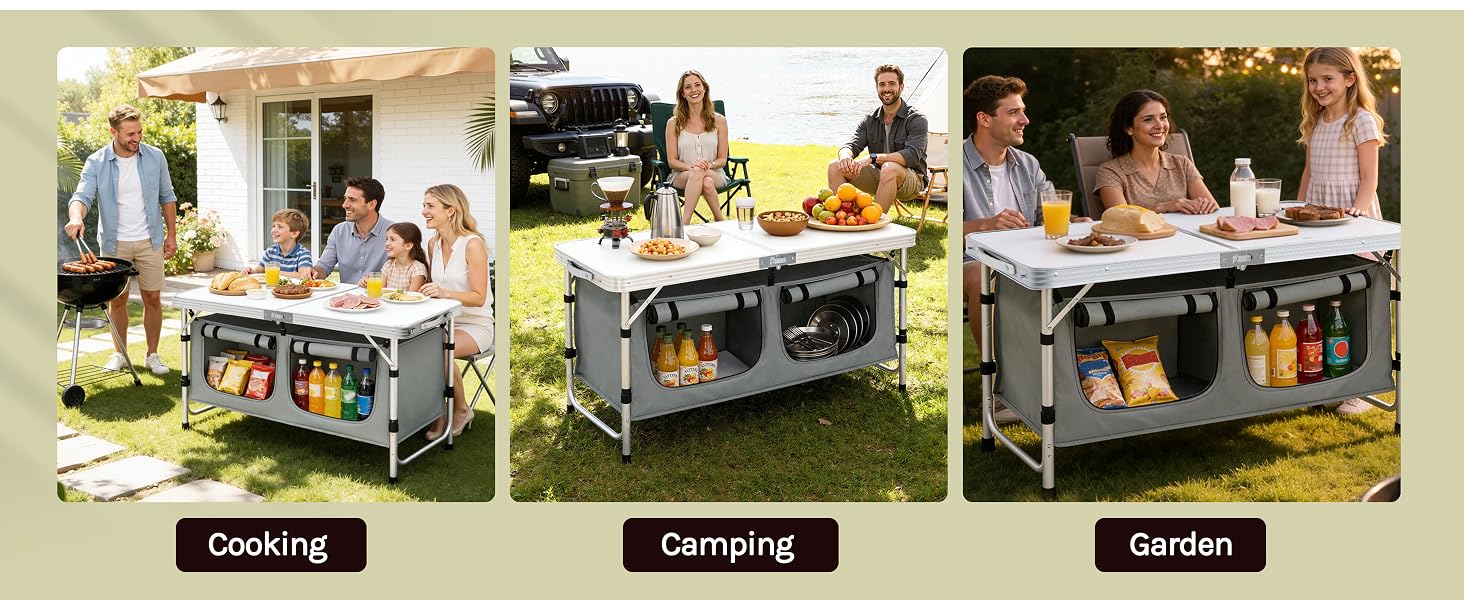 Text reads: 'Cooking', 'Camping', 'Garden'.
[SENTENCE 19] Three images showing portable outdoor kitchen unit being used in different settings.