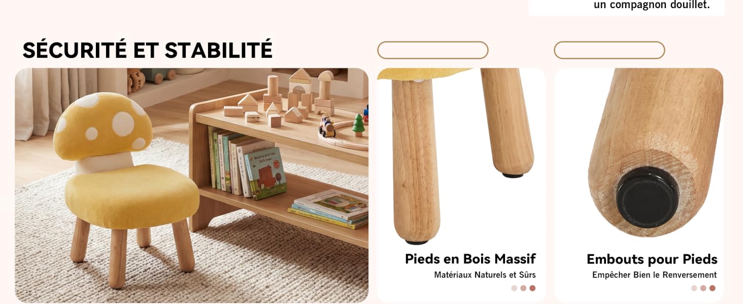 Le texte se lit comme suit : « SECURITE ET STABILITE ». Série d'images montrant des pieds de meubles en bois ou des protecteurs de sol installés sur des pieds de chaises.