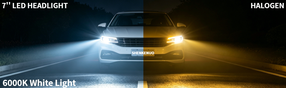 Text reads 'P7 LED HEADLIGHT', 'HALOGEN', '6000K White Light'. Split comparison showing vehicle front with cool white LED headlight on left, warm halogen light on right.