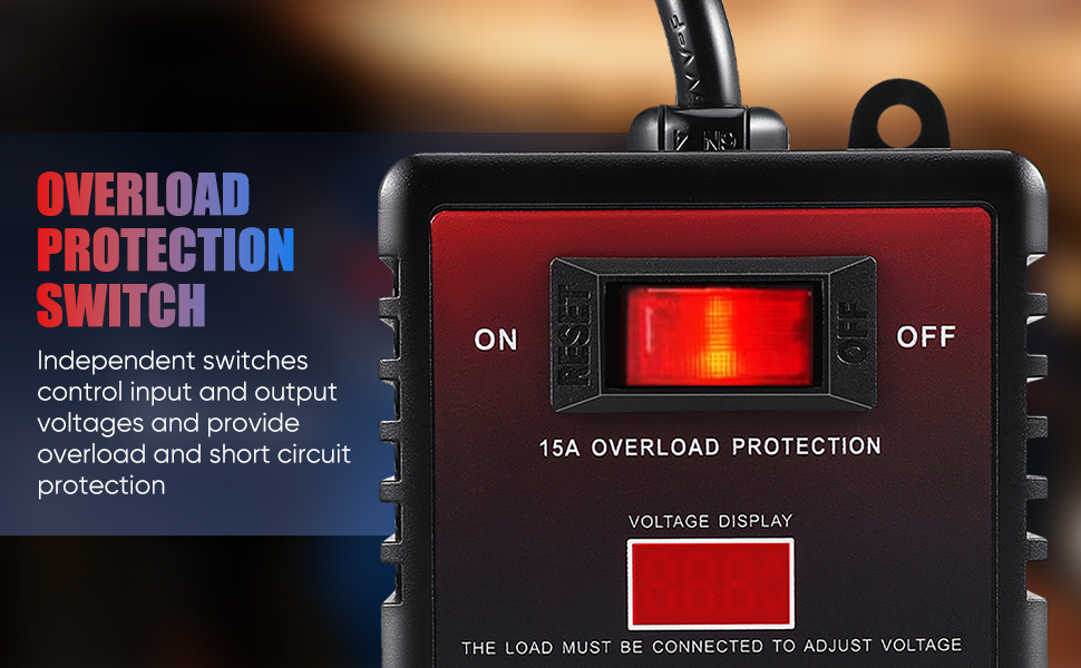 Text reads 'Independent switches control input and output' with voltage protection device showing display panel and control switches.