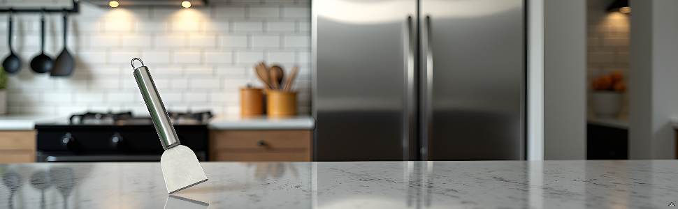 Modern kitchen interior with stainless steel refrigerator and white tiled backsplash, shown in dim lighting conditions.