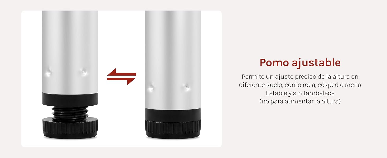El texto dice «Pomo ajustable». Imágenes técnicas del producto que muestran los componentes ajustables y los detalles de instalación de un dispositivo mecánico.