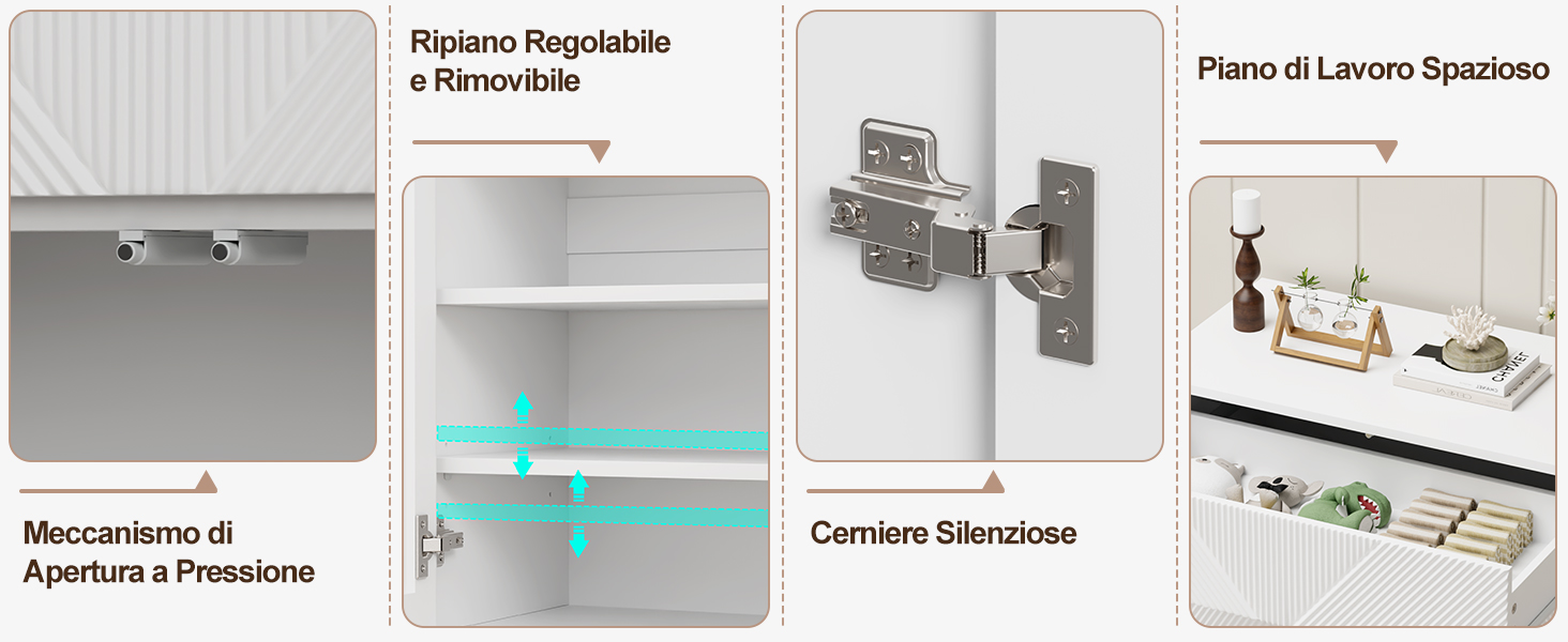 Il testo recita «Ripiano Regolabile e Rimovibile», «Meccanismo di Apertura a Pressione», «Piani di Larsen Spazioso», «Cordino Sfiorabile». Quattro immagini delle caratteristiche del prodotto mostrano soluzioni di archiviazione con ripiani regolabili e scomparti organizzativi.