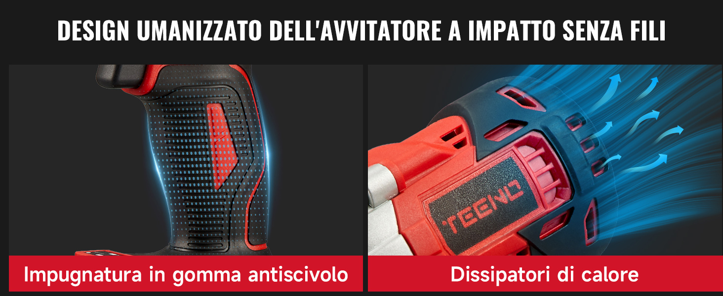 Il testo recita 'DESIGN UMANIZZATO DELL'AVVIATORE A IMPATTO SENZA FILI'. Le caratteristiche del prodotto sono evidenziate con effetti di luce blu e accenti rossi su sfondo nero.