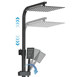 Black overhead showerhead with dual-tier perforated spray patterns and directional water flow indicators shown with blue arrows. Adjustable rainfall shower fixture with separate arm bracket and articulating components.