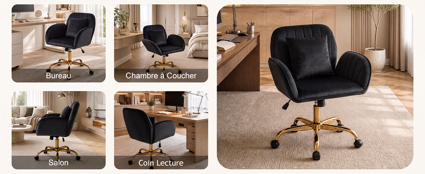 Le texte indique « Recline », « Swivel &amp; Comfort », « Tilt » et « Gas Lifts ». Fauteuil noir avec base dorée présentée sous quatre angles : position inclinée, mécanisme pivotant, fonction d'inclinaison et fonctionnalité de vérin à gaz.