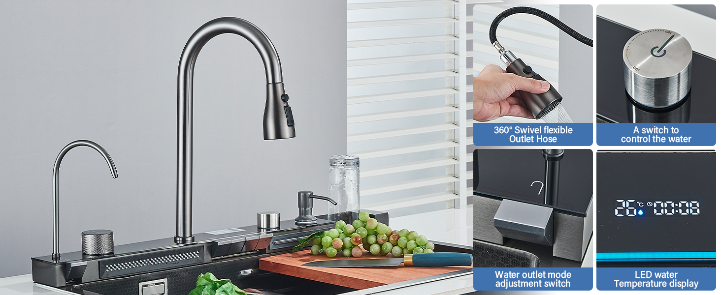 Ackwave Single Bowel Kitchen Sink Flying rain Waterfall with Multifunctional Digital Smart