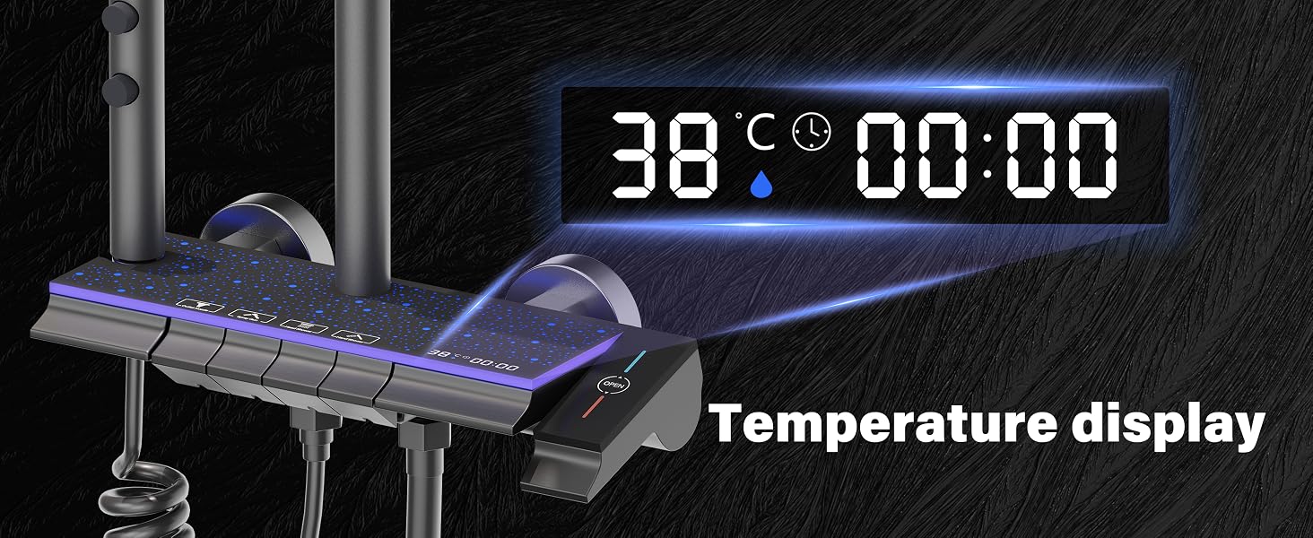 Le texte indique « Affichage de la température ». Affiche l'affichage numérique indiquant « 38 °C 00:00 » avec rétroéclairage LED bleu sur un appareil noir avec matériel de montage.