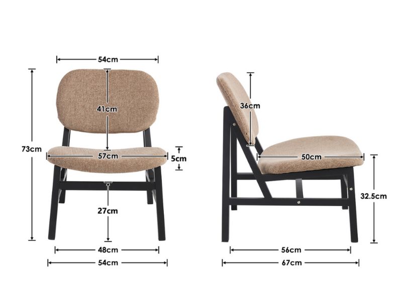 Schéma technique montrant les dimensions du fauteuil vu de côté et de face. Les mesures indiquent la largeur 56 cm, la hauteur 75 cm, la profondeur du siège 41 cm et diverses autres dimensions spécifiques.