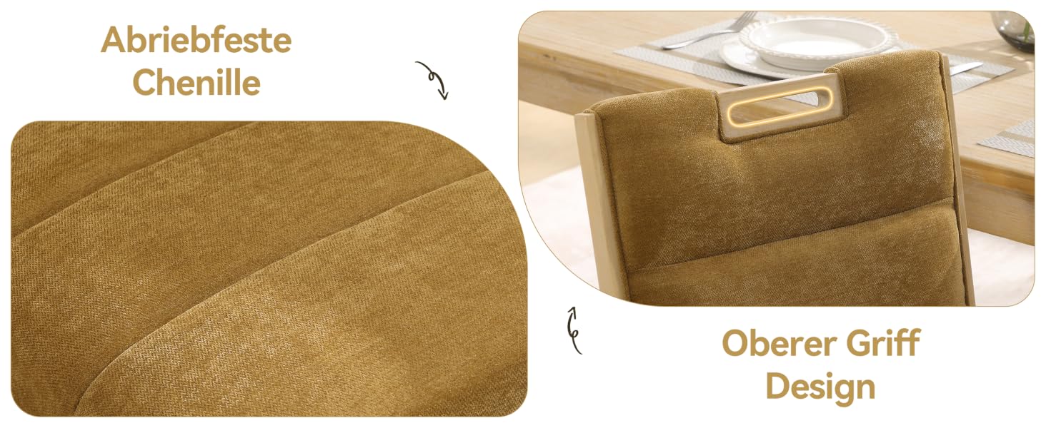 Der Text lautet „Abriebfeste“, „Chenille“, „Oberer Griff“, „Design“. Nahaufnahmen zeigen die braune Stoffstruktur und Designdetails von etwas, das aussieht, als ob es sich um das Material und den Griff einer Tasche handelt.