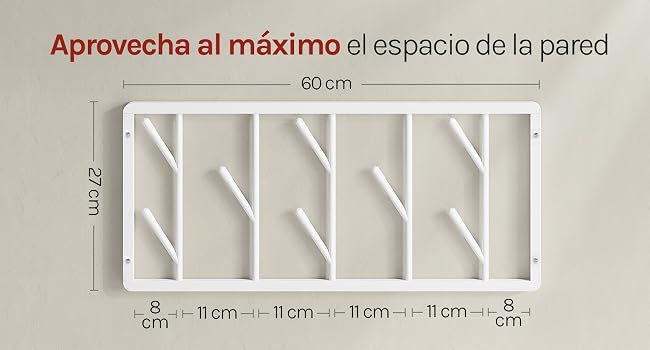 El texto dice «Aprochea al máximo el espacio de la pared 60 cm». Organizador de estantería de pared blanco con separadores diagonales en forma de cruz y dimensiones de medición marcadas en los bordes inferiores en centímetros.