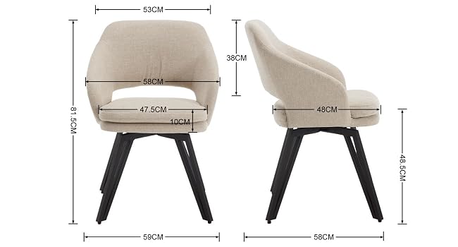 Poltrona imbottita beige con gambe in legno. Il diagramma mostra le dimensioni: 53 cm di larghezza, 58 cm di profondità, 79 cm di altezza e 47 cm di altezza della seduta.