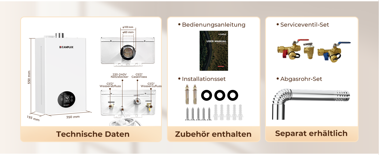 Der Text lautet „Technische Daten“ und „Zubehör enthalten“. Technische Produktdokumentation mit Montageplänen und mitgeliefertem Zubehör mit deutschem Text.