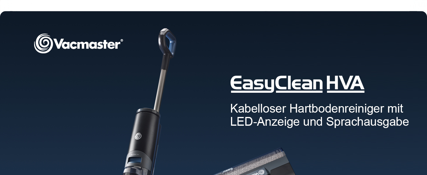 Der Text lautet „Vacmaster“ und „EasyClean HVA“ mit zusätzlichem Produktbeschreibungstext unten. Das Bild zeigt eine dunkle Produktverpackung oder ein Schnittstellendisplay mit weißem Text und Logo.
