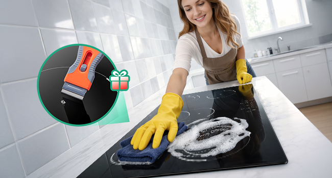 Personne portant des gants de caoutchouc jaunes nettoyant une cuisinière ou une surface de cuisson noire dans une cuisine lumineuse avec des armoires blanches visibles en arrière-plan.