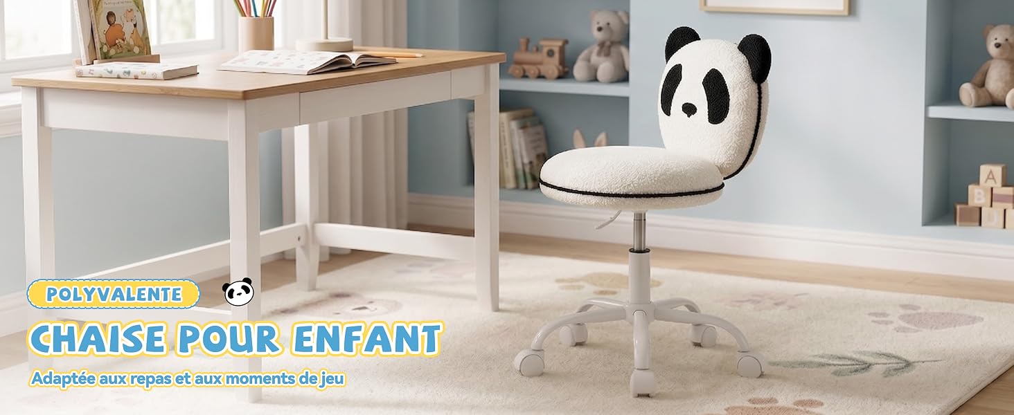 Le texte indique « CHAISE POUR ENFANT » avec un sous-titre sur la fonctionnalité de la chaise pour enfant. Chaise pour enfant incurvée blanche moderne avec motif de panda dans un cadre lumineux de bureau à domicile avec bureau.