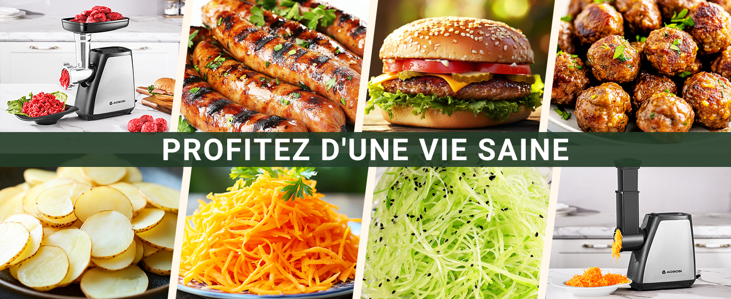 Collage de préparation des aliments montrant un hachoir à viande, divers plats préparés, notamment des viandes grillées, des salades et des légumes transformés.
