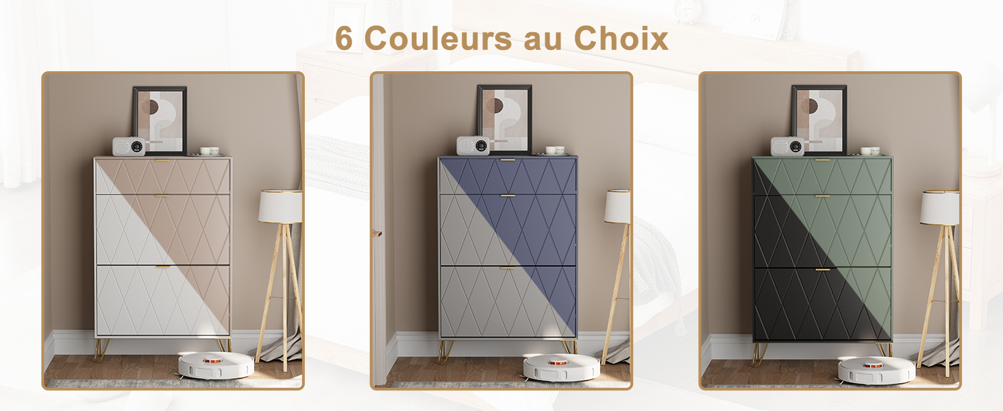 Le texte indique « 6 Couleurs au Choix ». Série de scènes intérieures montrant le même espace dans différentes combinaisons de couleurs.