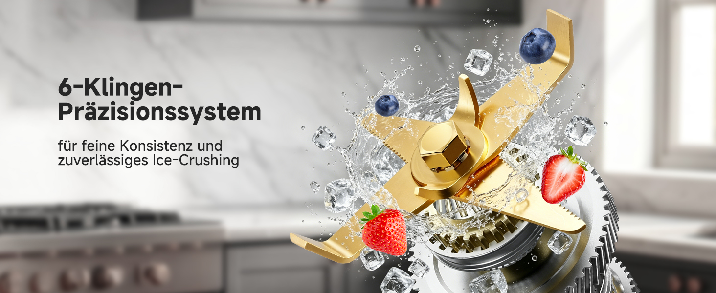 Der Text lautet '6-Klingen-Präzisionssystem'. Das Produktbild zeigt eine goldene mechanische Klemme oder Halterung mit sechs blauen Komponenten, umgeben von spritzendem Wasser und bunten Objekten vor hellem Hintergrund.