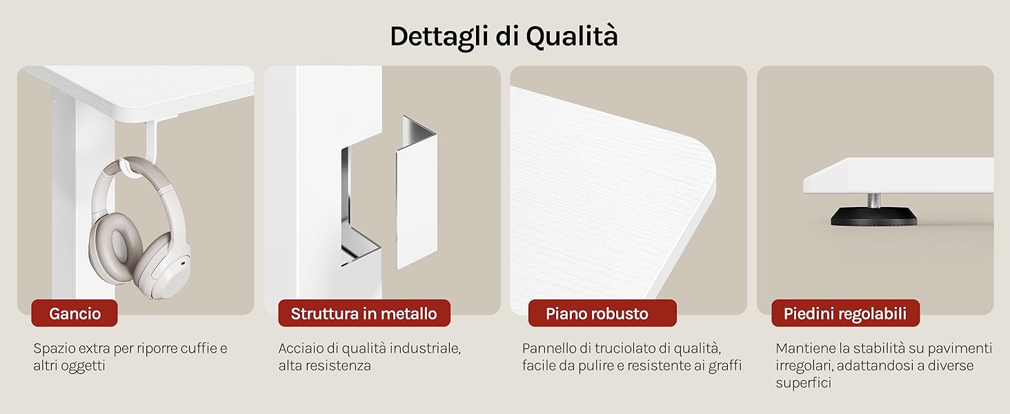 Il testo recita «Dettagli di Qualità». Diagramma tecnico che mostra le caratteristiche e le specifiche di qualità del prodotto in un layout infografico nei toni del beige.