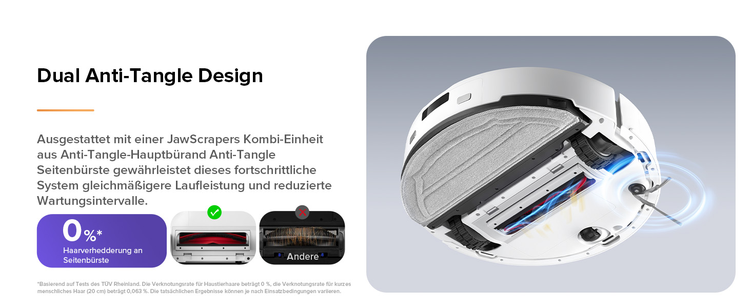 Weißer Roboterstaubsauger mit zwei Bürsten, die sich nicht verheddern, mit blauen und roten Akzenten. Das Display zeigt eine Verfilzungsrate von 0% und unterstreicht damit das effiziente Reinigungssystem